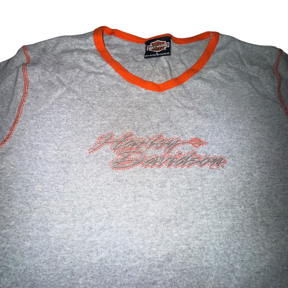 Harley-Davidson Women’s Gray Long Sleeve V-Neck T Shirt Orange Trim Tacoma WA LG - Picture 6 of 10